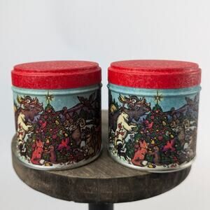 Vtg Miniature Christmas Tins Forest Animals Tree 2" Holiday Container Gift Box